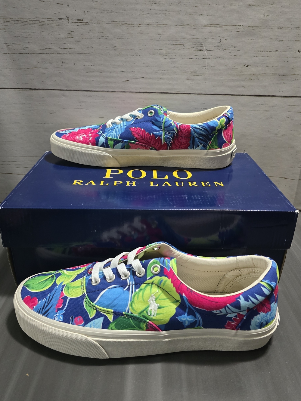 Polo Ralph Lauren Men's Tropical Floral Canvas Boat Shoes in Blue & Pink New 9